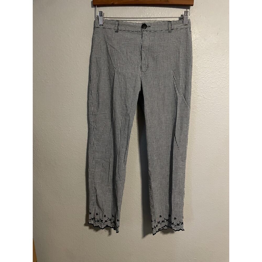 Vintage Pants Womens 10 Black Gingham Cropped Embroidered Hem Cottagecore 90s